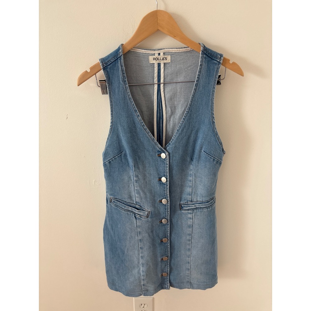 Rolla's Light Wash Denim Button Front Mini Vest Dress Sleeveless Cinch Back M 10